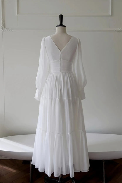 Elegant Tiered A-Line V-Neck Long Puffed Sleeves Open Back Maxi-Length White Chiffon Evening Dresses