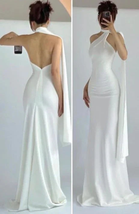 Elegant White Mermaid Halter One-Shoulder Open-Back Floor-Length Prom Dress.
