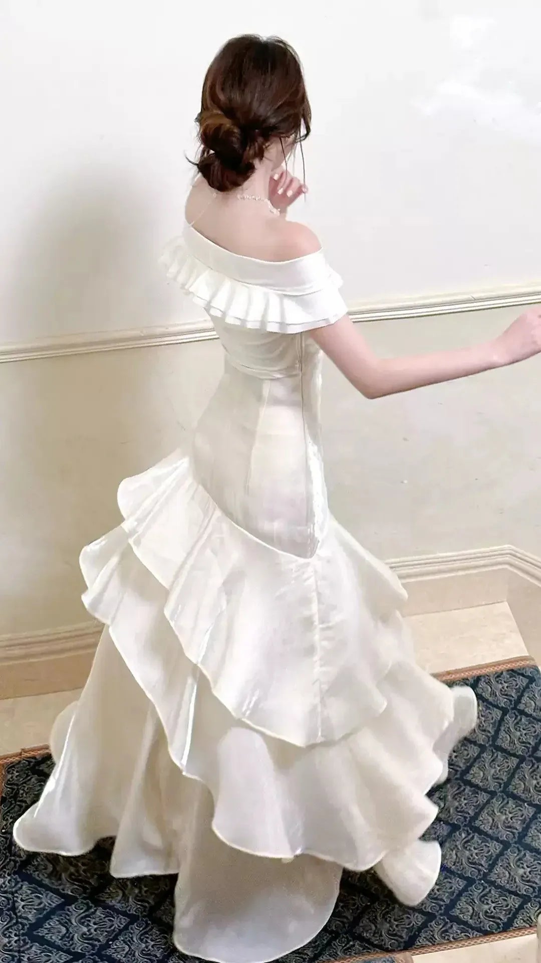 Elegant White Off-Shoulder Ruched Ruffle Satin Mermaid Prom Dress.