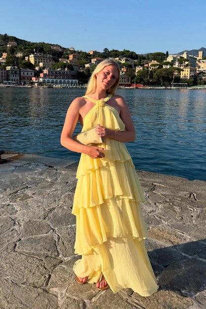 Elegant Yellow Halter Neck Sleeveless Open Back Tiered Ruffle Chiffon Evening Dresses