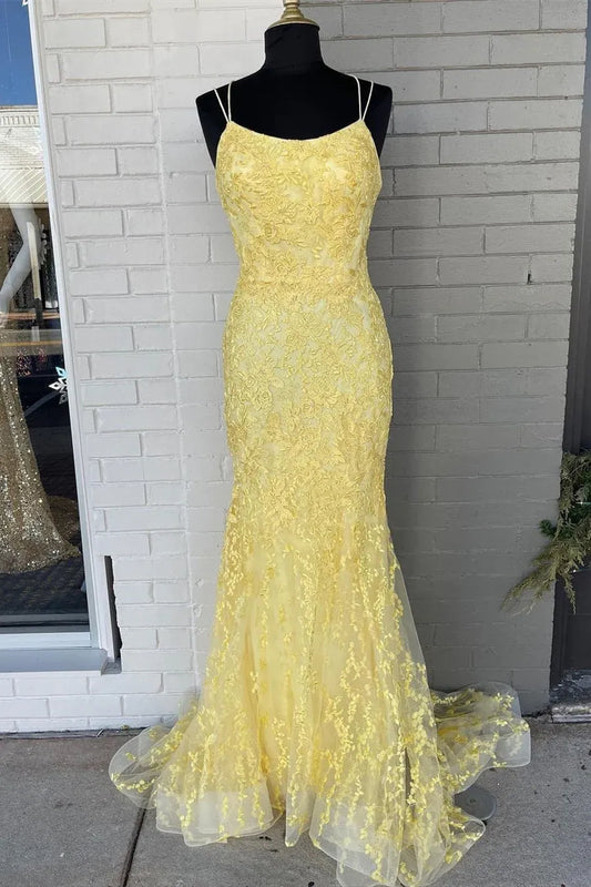 Elegant Yellow Lace Spaghetti Strap Lace-Up Back Mermaid Prom Dress.