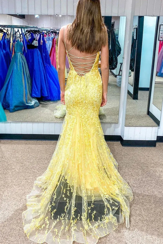 Elegant Yellow Lace Spaghetti Strap Lace-Up Back Mermaid Prom Dress.