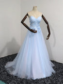 Light Blue Strapless Sweetheart Tulle Prom Dress 3D Floral Lace Corset Back