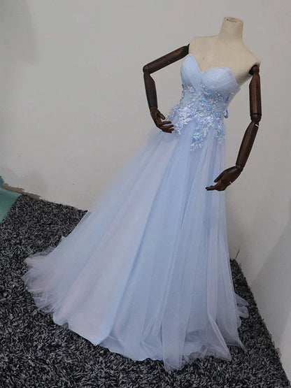 Light Blue Strapless Sweetheart Tulle Prom Dress 3D Floral Lace Corset Back