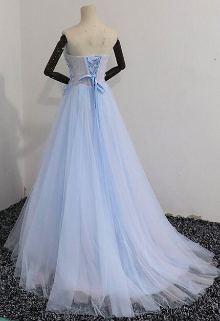 Light Blue Strapless Sweetheart Tulle Prom Dress 3D Floral Lace Corset Back