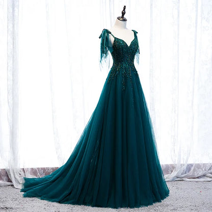 Teal V Neck Tulle A Line Prom Dress Beaded Lace Up Back With Tassel Straps