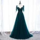 Teal V Neck Tulle A Line Prom Dress Beaded Lace Up Back With Tassel Straps