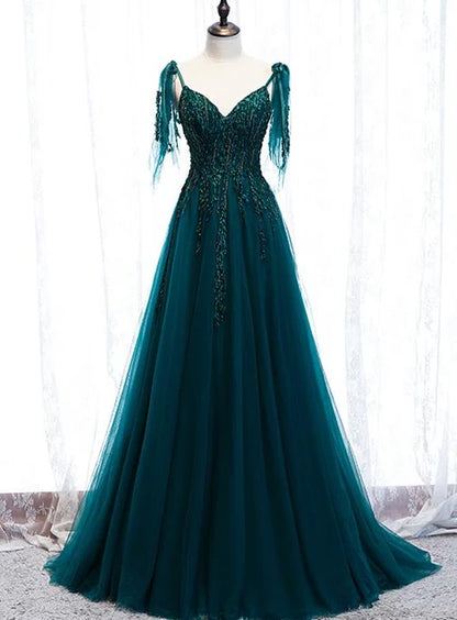 Teal V Neck Tulle A Line Prom Dress Beaded Lace Up Back With Tassel Straps