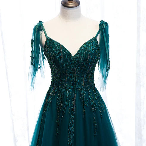 Teal V Neck Tulle A Line Prom Dress Beaded Lace Up Back With Tassel Straps