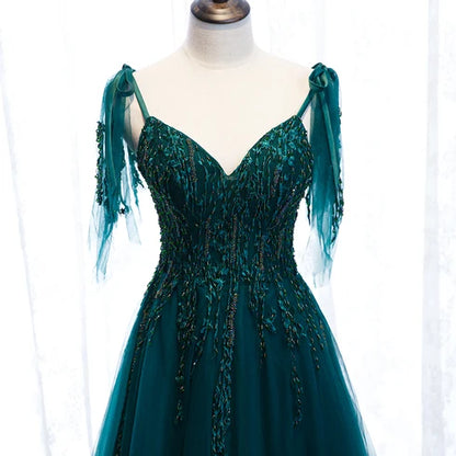 Teal V Neck Tulle A Line Prom Dress Beaded Lace Up Back With Tassel Straps