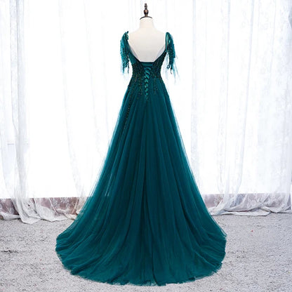 Teal V Neck Tulle A Line Prom Dress Beaded Lace Up Back With Tassel Straps