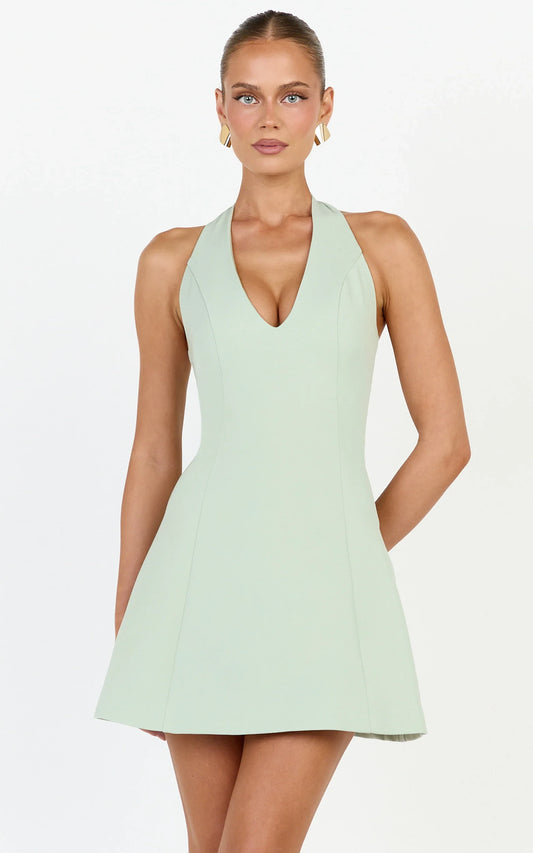 Elegant A-Line Deep V-Neck Halter Sleeveless Tie-Back Mini Homecoming Dresses