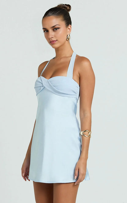 Elegant A-Line Halter Sweetheart Sleeveless Open Back Mini Satin Homecoming Dresses