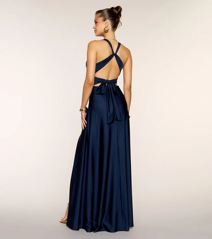 Elegant A-Line Plunge V-Neck Sleeveless Criss-Cross Tie-Back Floor-Length Prom Dresses