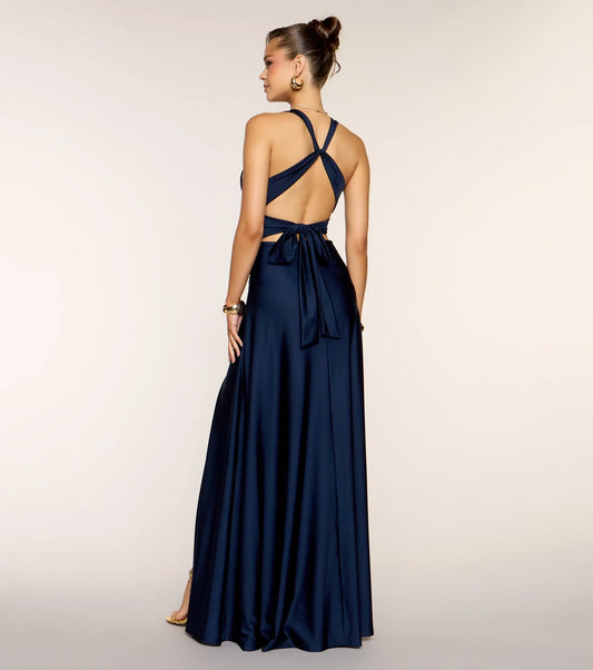 Elegant A-Line Plunge V-Neck Sleeveless Criss-Cross Tie-Back Floor-Length Prom Dresses
