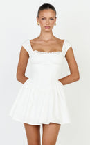 Elegant A-Line Square Neck Cap Sleeve Shirred Back Mini Homecoming Dress with Lace Trim