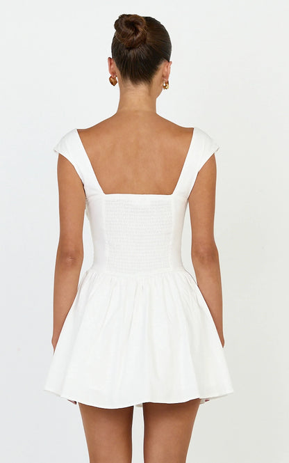 Elegant A-Line Square Neck Cap Sleeve Shirred Back Mini Lace Trim Homecoming Dresses for Women