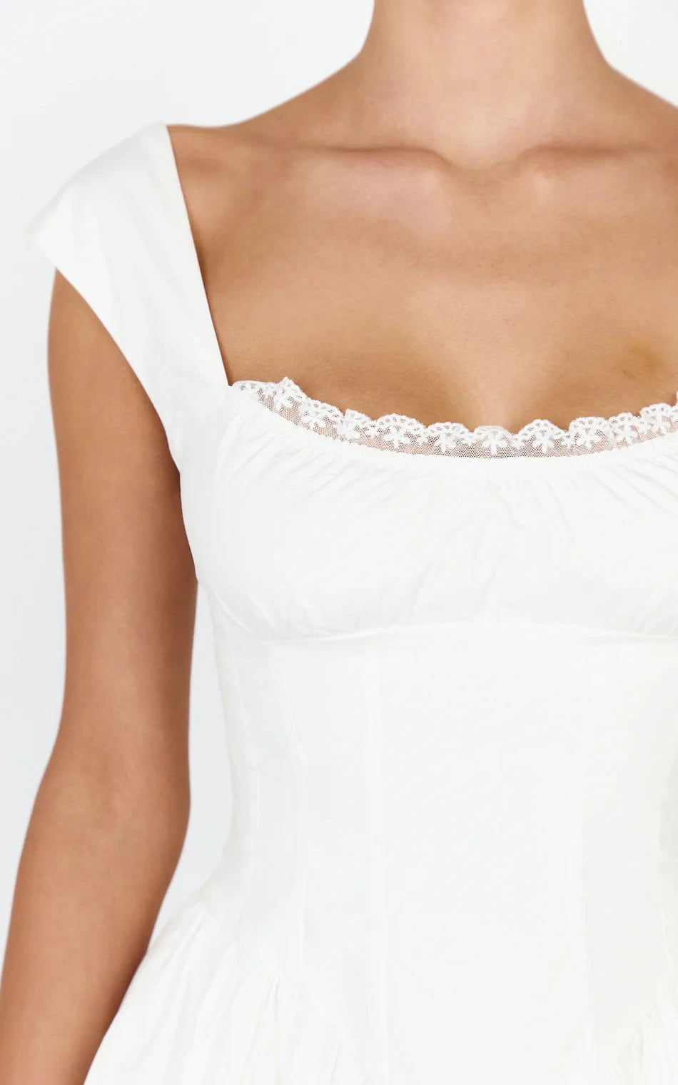 Elegant A-Line Square Neck Cap Sleeve Shirred Back Mini Lace Trim Homecoming Dresses for Women
