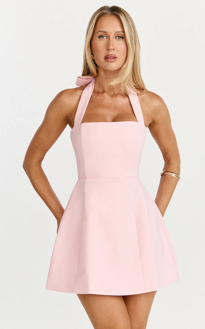 Elegant A-Line Square Neck Halter Tie-Back Sleeveless Mini Homecoming Dress for Parties