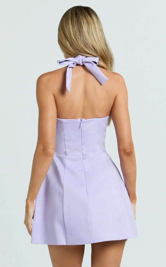 Lavender Satin A-Line Square Neck Tie Back Short Dress