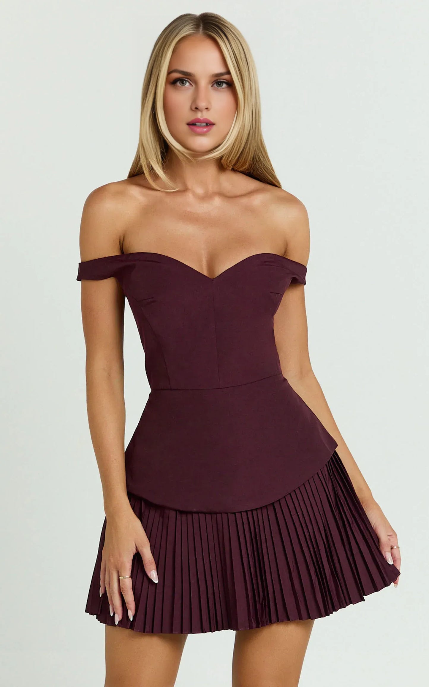 Elegant A-Line Sweetheart Off-Shoulder Cap Sleeve Structured Back Mini Pleated Homecoming Dresses