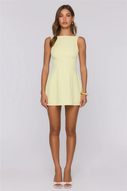 Elegant A-line Boat Neck Sleeveless Open Back Mini Homecoming Dresses with Bow Detail