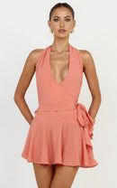 Elegant A-line Deep V-neck Halter Sleeveless Open Back Sash Mini Homecoming Dresses