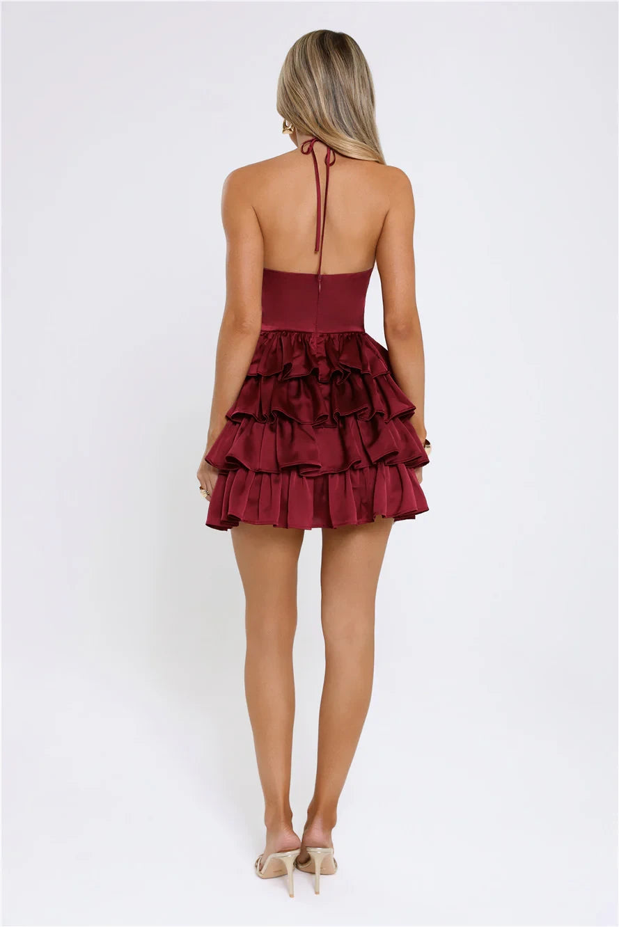 Elegant A-line Halter Neck Open Back Tiered Mini Homecoming Dress with Rose