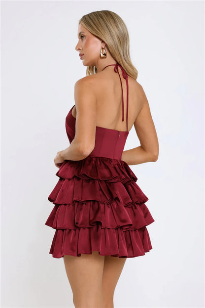 Elegant A-line Halter Neck Open Back Tiered Mini Homecoming Dress with Rose