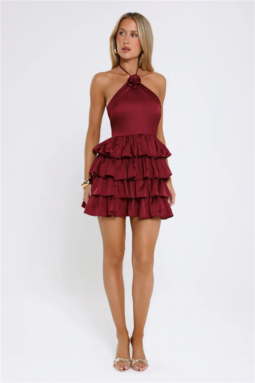 Elegant A-line Halter Neck Open Back Tiered Mini Homecoming Dress with Rose