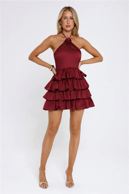 Elegant A-line Halter Neck Open Back Tiered Mini Homecoming Dress with Rose