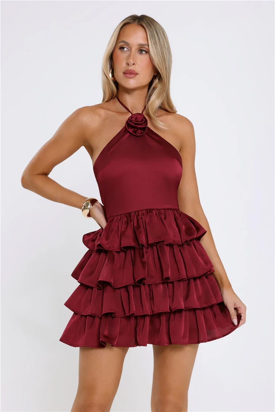 Elegant A-line Halter Neck Open Back Tiered Mini Homecoming Dress with Rose