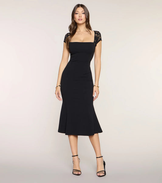 Black Stretch Knit Mermaid Square Neck Back Zip Midi Dress