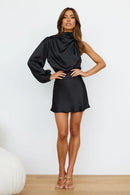 Elegant Draped A-line Asymmetrical Cowl Neck One Long Balloon Sleeve Keyhole Back Mini Homecoming Dresses