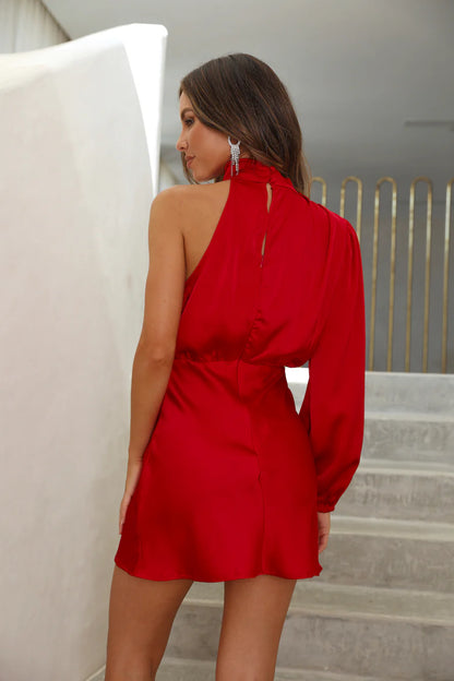 Elegant Draped One-Shoulder High Neck Long Sleeve Mini A-Line Keyhole Back Homecoming Dresses