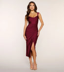 Elegant Fitted Cowl Neck Sleeveless Ruched Back Front Slit Midi Prom Dresses