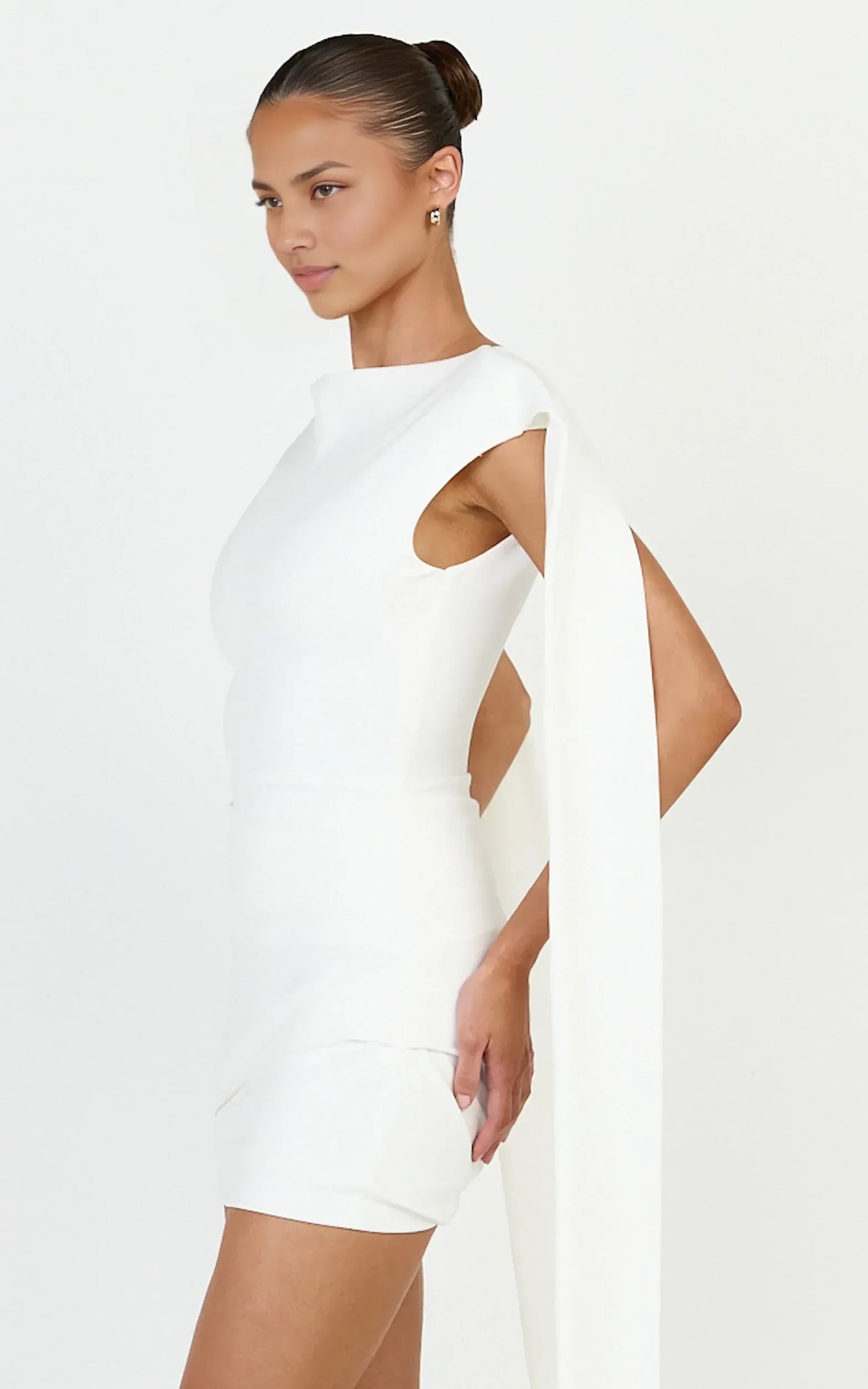 Elegant Fitted Cowl Neck Sleeveless Scoop Back Mini Homecoming Dresses with Flowing Cape Details