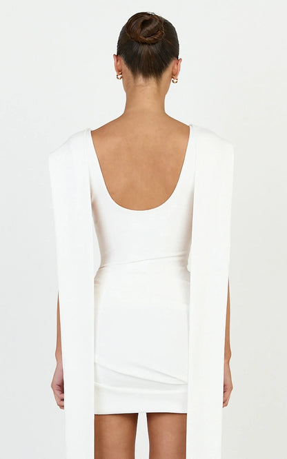 Elegant Fitted Cowl Neck Sleeveless Scoop Back Mini Homecoming Dresses with Flowing Cape Details