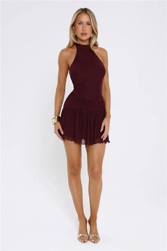 Elegant Fitted Halter Neck Sleeveless Open Back Mini Homecoming Dress with Ruched Details