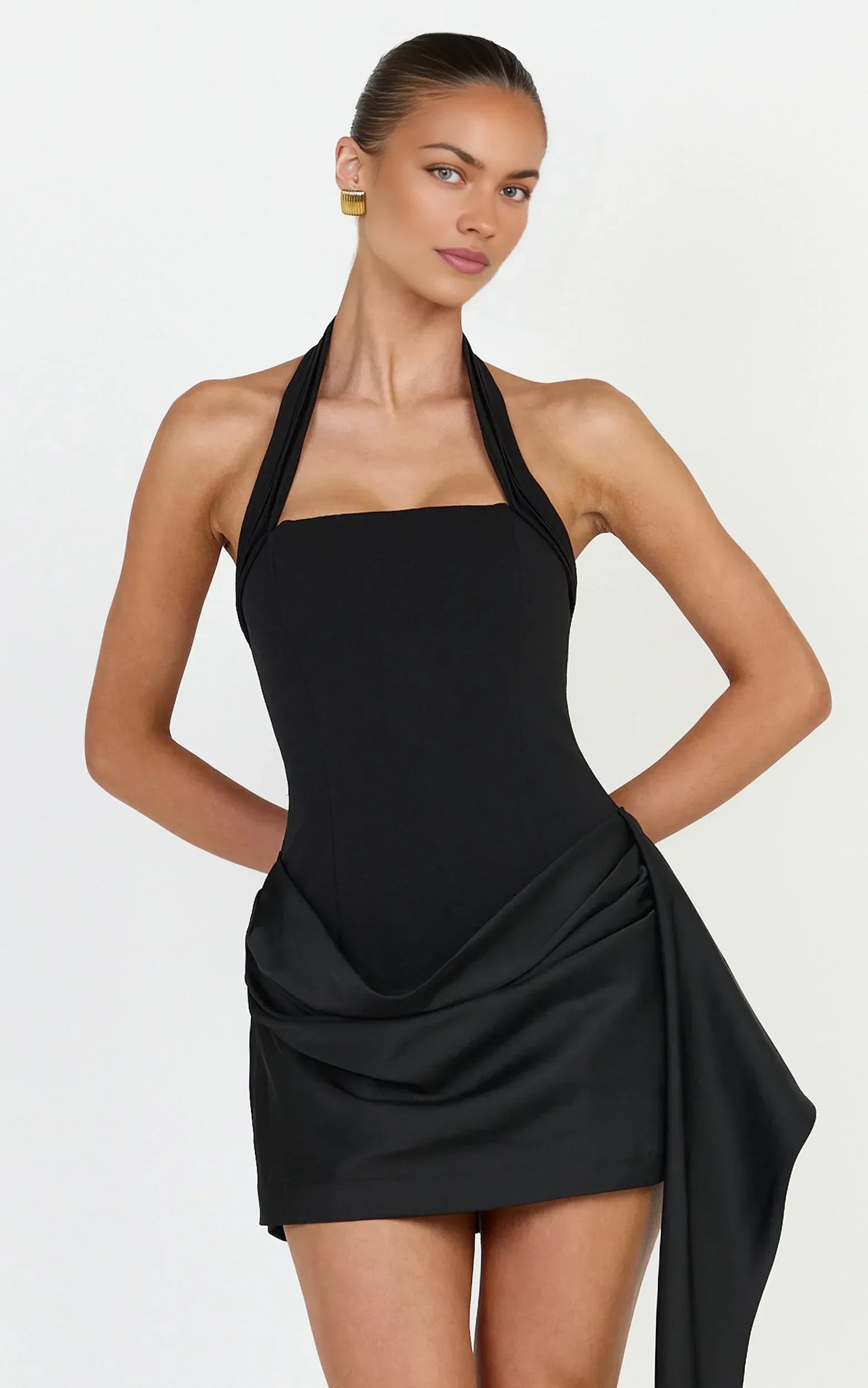Elegant Fitted Halter Square Neck Sleeveless Open Back Mini Asymmetrical Drape Homecoming Dresses