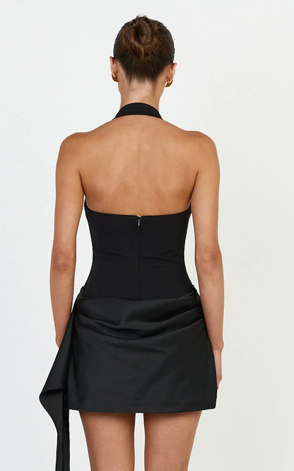 Elegant Fitted Halter Square Neck Sleeveless Open Back Mini Asymmetrical Drape Homecoming Dresses