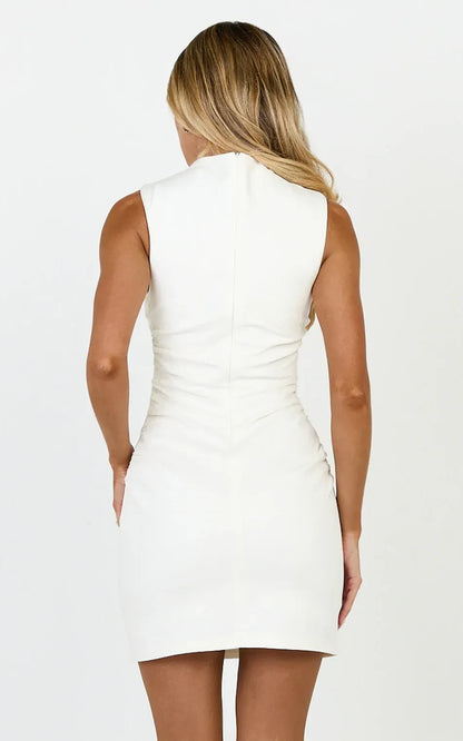 Elegant Fitted High Neck Sleeveless Ruched Back Mini Homecoming Dress for Women