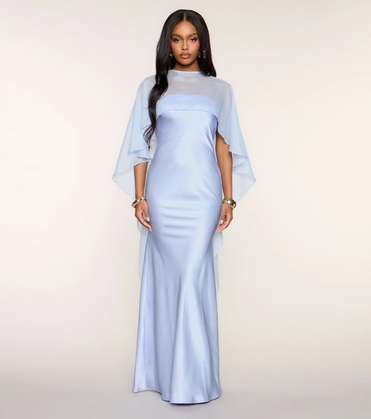 Elegant Fitted Mermaid Strapless Gown with Sheer Cape Overlay and Keyhole Back Floor-Length Prom Dresses