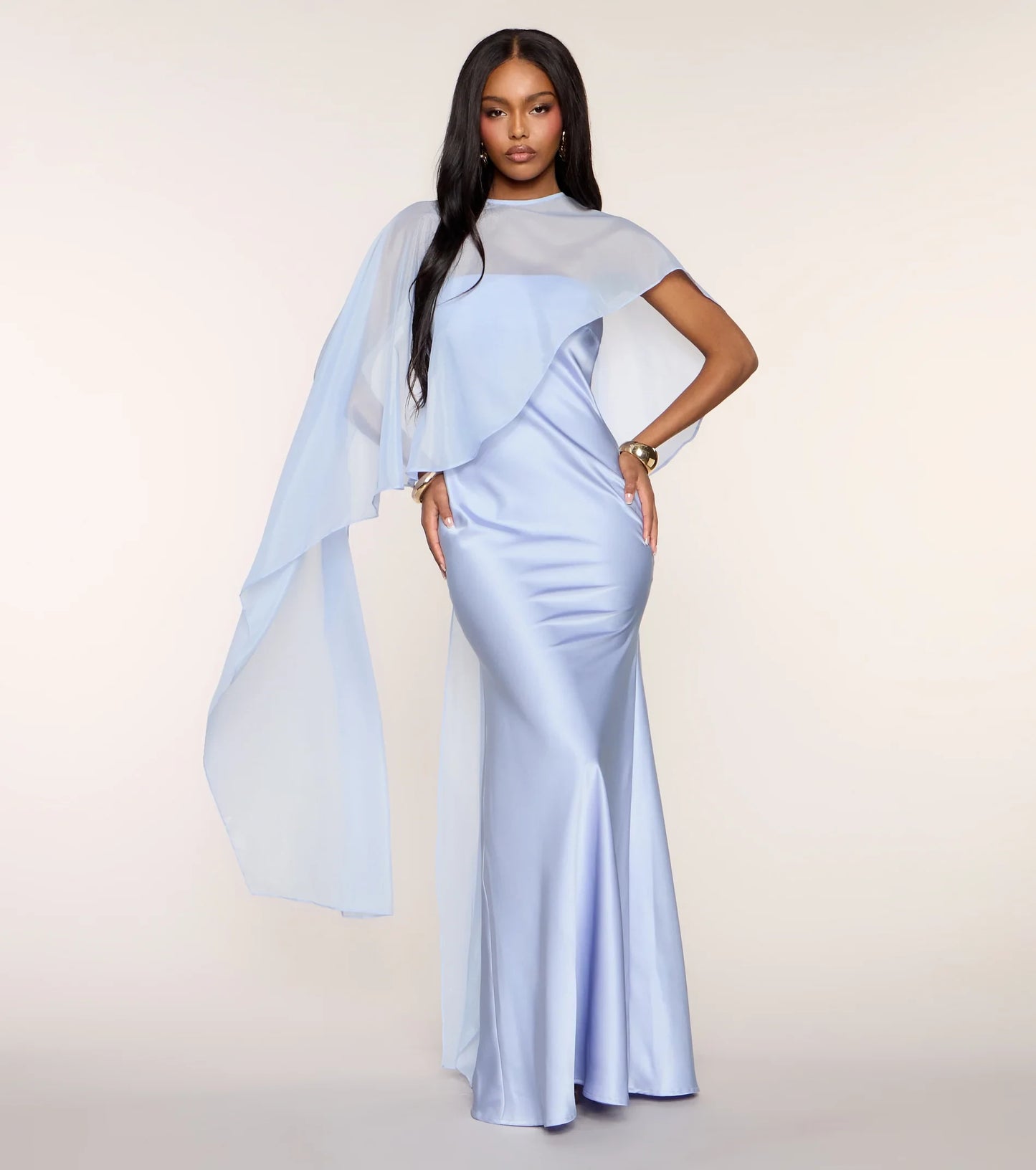 Elegant Fitted Mermaid Strapless Gown with Sheer Cape Overlay and Keyhole Back Floor-Length Prom Dresses