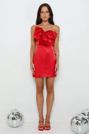 Elegant Fitted Strapless Sleeveless Mini Red Bow Detail Sheath Homecoming Dresses