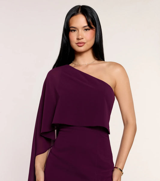 Elegant Flowy One-Shoulder Asymmetrical Cape Sleeve Fitted Floor-Length Prom Dresses with High Slit