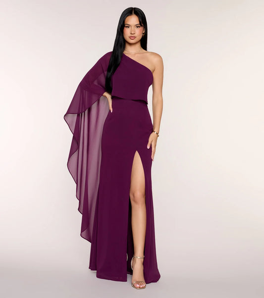 Elegant Flowy One-Shoulder Asymmetrical Cape Sleeve Fitted Floor-Length Prom Dresses with High Slit