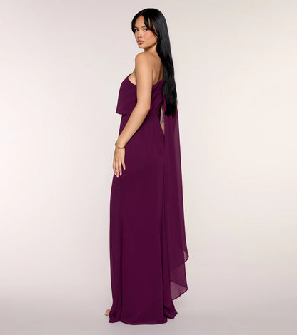 Elegant Flowy One-Shoulder Asymmetrical Cape Sleeve Fitted Floor-Length Prom Dresses with High Slit