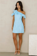 Elegant Light Blue A-Line One-Shoulder Ruffle Sleeve Mini Homecoming Dress with Textured Fabric