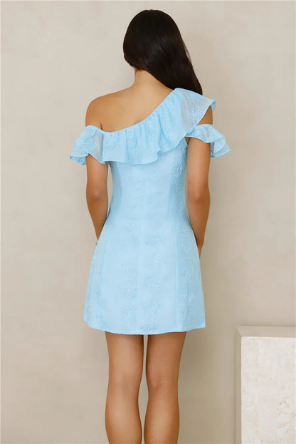 Elegant Light Blue A-Line One-Shoulder Ruffle Sleeve Mini Homecoming Dress with Textured Fabric